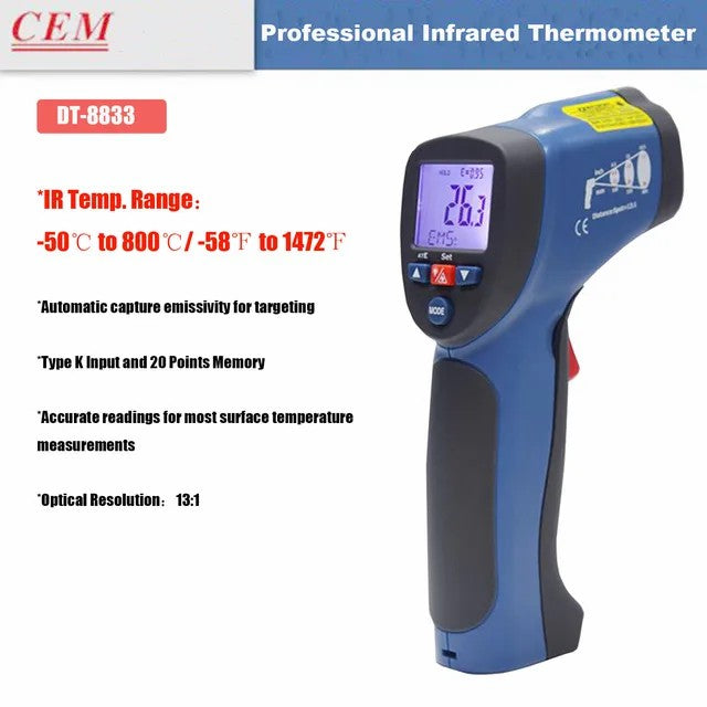 CEM DT-8830 DT-8831 DT-8832 DT-8833 DT-8835 Non Contact Electronic Infrared Thermometer Laser Gun K-Type Probe Handheld Industry CEM DT-8830 DT-8831 DT-8832 DT-8833 DT-8835 Non Contact Electronic Infrared Thermometer Laser Gun K-Type Probe Handheld Industry